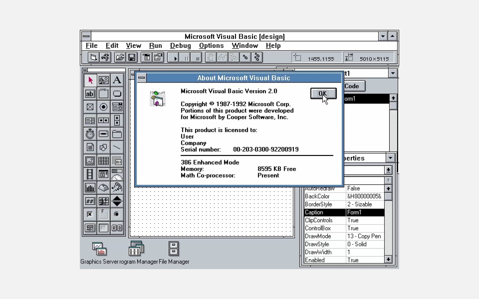 Screenshot of Visual Basic 1.0 development environment